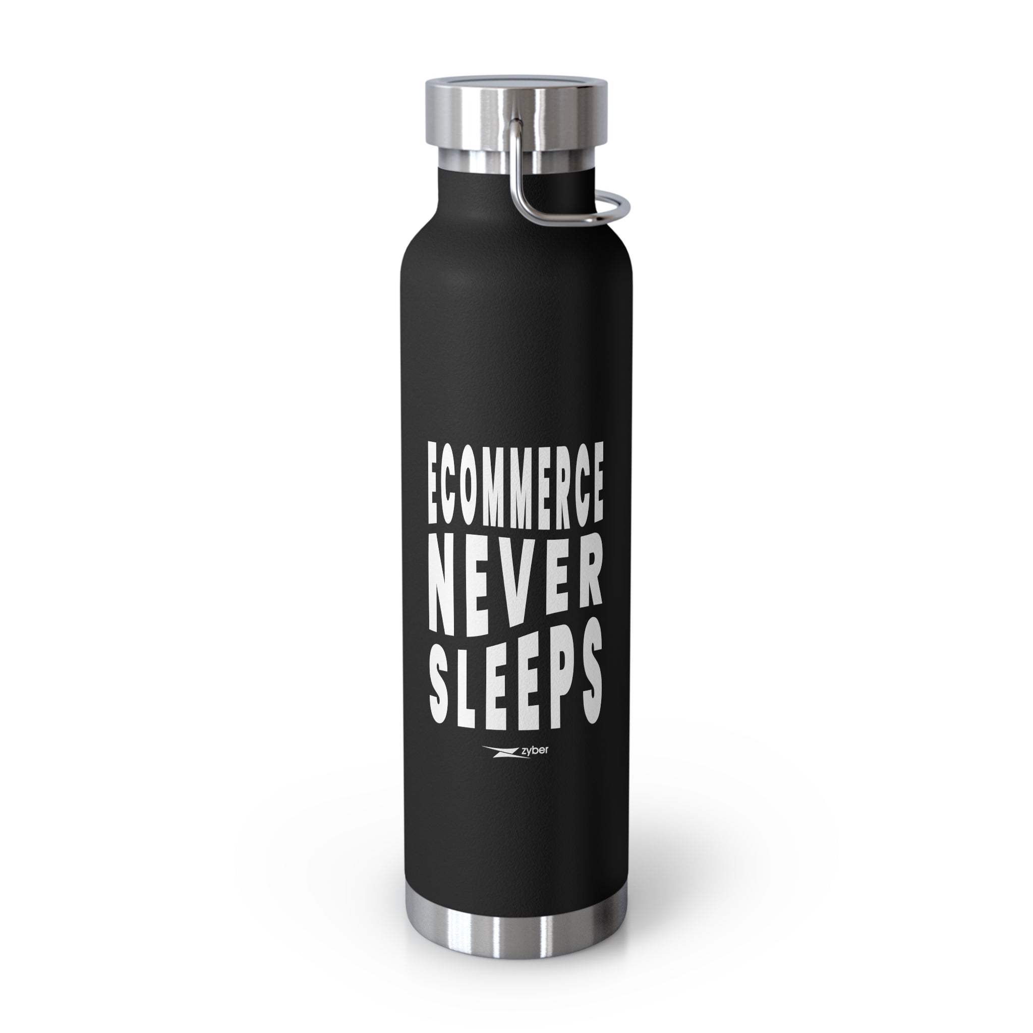 eCommerce never sleeps zyber logo water bottle