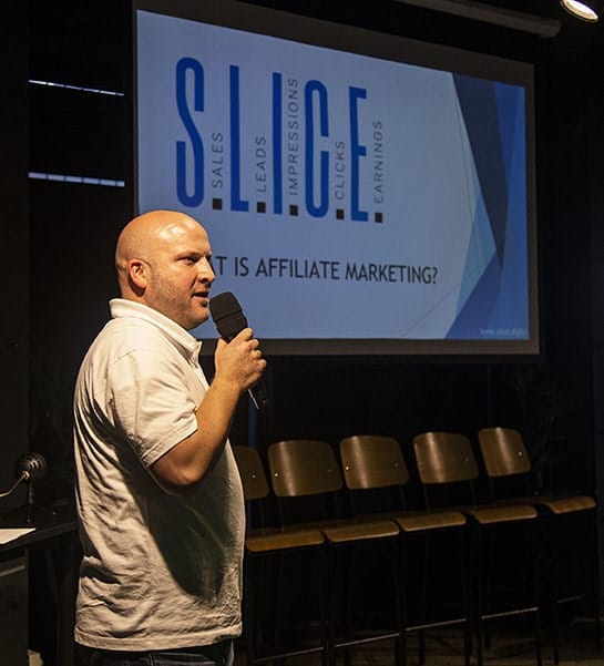 man giving slice marketing presentation